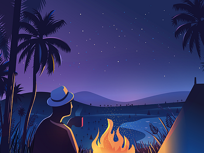 Campfire and Hot chai campfire concept fire gaze horizon illustration india landscape light outdoor product illustration starry night trees twlight