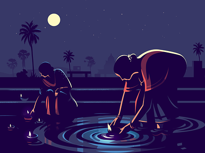 Moonlight diya illustration india lighting moonlight night pond story vector