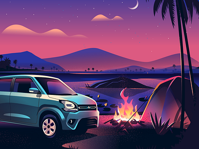 Campfire by the lake art direction automobile campfire colorful commission illustration india lake night product vector