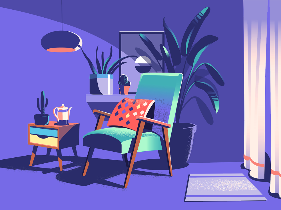 Reading Corner wip illustration relax chair furniture retro plants curtains lighting reading home interiors