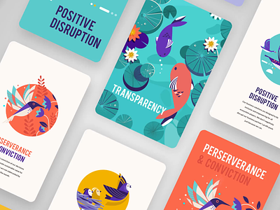 Core Values and Brand elements birds collobration colorful conviction illustration impact india learning metaphor nature office openess passion plants scalabiity simplicity story transparency values