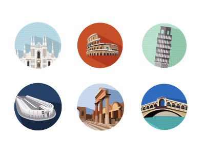 Italy Landmarks circusmaximus colosseum flat icon graphic icon illustration italy landmark leaning-tower-of-pisa milan-cathedral