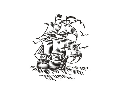 Gallion engraving etching icon illustration logo ocean pen and ink sea ship vector engraving