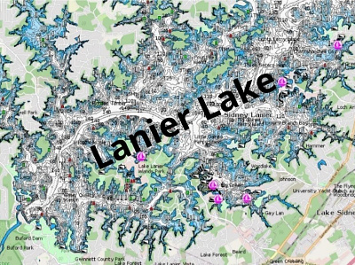 Lanier Lake depth map fishing map marine chart nautical chart typography