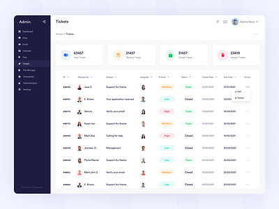 Tickets - Admin Panel Dashboard admin clean dashboard dashboard design design finance fintory interface list view minimal navigation pattern payment product product design responsive saas design user view detail ux