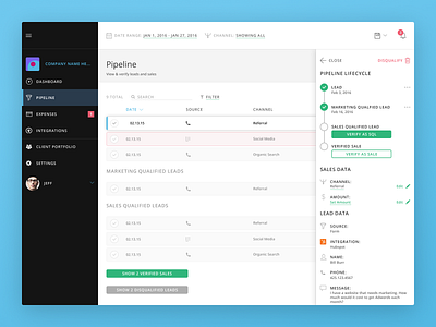 Leads pipeline dashboard • Marketing Manager app data desktop filters left nav list menu notifications table timeline web