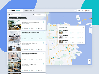 Search Results List / Map Dashboard • Real Estate Client clean creative layout listings map pins properties split tooltip