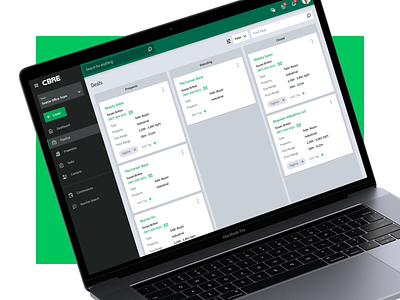 Deals pipeline dashboard • CBRE cards chips crm desktop dropdown email icon kanban layout mockup notifications search bar side nav tags ui web app