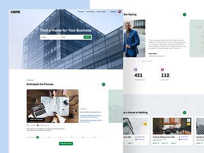 Real estate landing page • CBRE carousel clean desktop homepage imagery light listings process progress search slider stats steps testimonial webdesign website