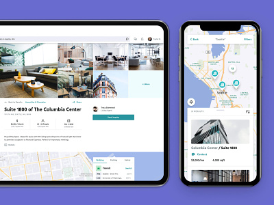 Real estate listings • CBRE Hub breadcrumbs clean collage commercial desktop details find hero location map mobile mockup mosaic pin search sort ui ux website