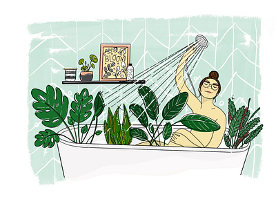 Stay home and clean your plants bathing bathroom botanical colour design hand drawn hand lettering illustration interior illustration interiors leaves plant illustration plants procreate quarantine stay home stay safe
