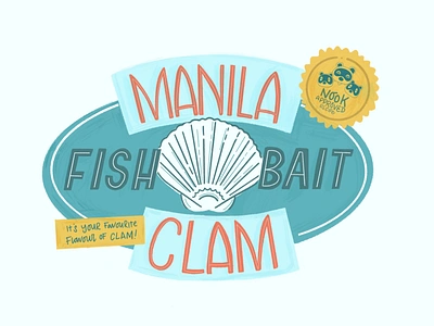 Animal Crossing - Manila clam fish bait logo acnh animal crossing badge brand branding colour hand drawn hand lettering illustration lettering logo manila clam new horizons nook inc product retro design type typography vintage badge vintage logo