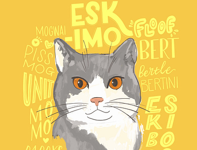 Another kitty with all the names animal illustration animals cats colour hand drawn hand lettering handlettering handmade homewares illustration kitty illustration lettering lettering art letters pet illustration poster type type design typography yellow