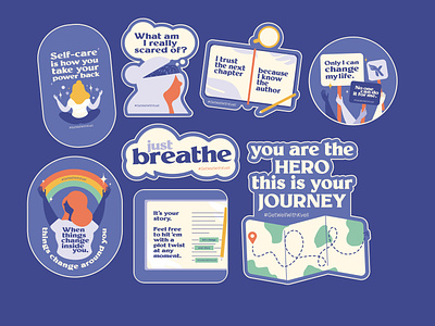 Female well-being and mental health sticker illustration set