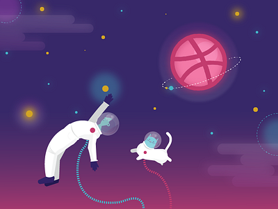 Exploring Dribbble cats clouds colour debut first shot first throw gradient illustration sky space stars vector