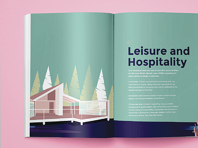 CPMG Brochure Spread architecture brochure cabins colour forest graphic illustration layout texture trees type vector