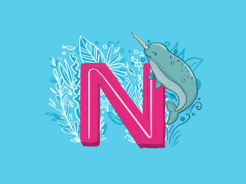 36 days of type - N letter whale leaves sea life narwhal hand drawn hand lettering typography alphabet 36 days of type