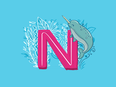 36 days of type - N 36 days of type alphabet hand drawn hand lettering leaves letter narwhal sea life typography whale