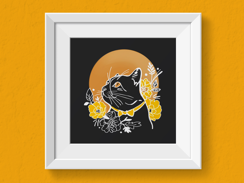 Kitty in the flowers bow tie kitty floral botanical flowers line drawing metallic yellow custom pet illustrations illustration cats