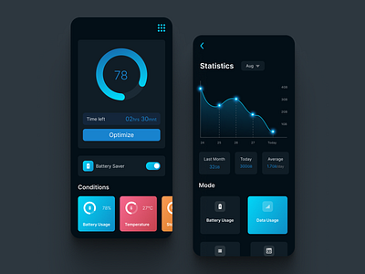 Phone Optimizer App app dark darkmode design mobile mobiledesign neon optimizer statistics ui ui design uiux