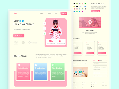 Moose: Parental and Kids Controlling app colorful contentblocker design kids landingpage parent parental pink ui ui design uiux vpn web webdesign