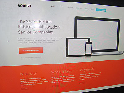 Vonigo Home Page banner black blue grey home page ipad iphone landing landing page orange page ui ux