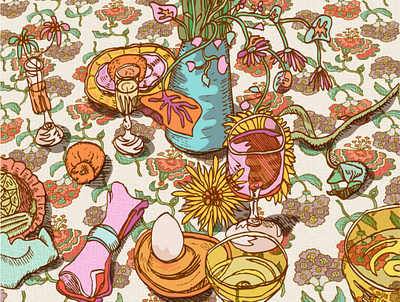 Still Life Illustration digitally coloured floral hand drawn illustration lunch pattern design still life table illustration