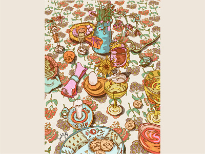 Still Life Illustration Wine and Biscuit adobe illsutrator biscuits digitally coloured floral floral pattern flowers hand drawn handdrawn illustration table wine