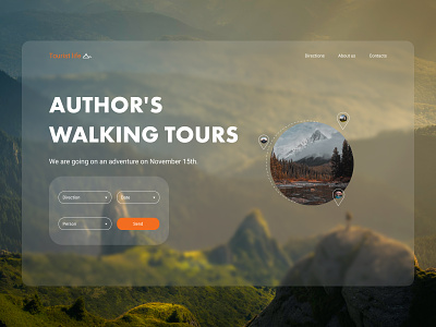 The first screen of the site on Author's walking tours design journeys landing page nature tourist tours uiux walk website