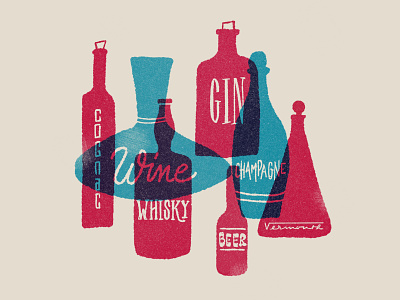 Alcoohol overlap alcoohol bottles grain illustration ipadpro lettering mid-century procreate riso screenprinting textures