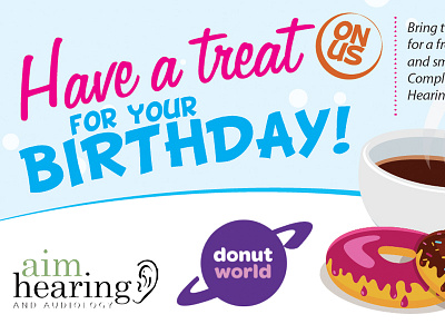 Aim Hearing Treat Card collateral colorful doughnuts fun layout playful print treats typography