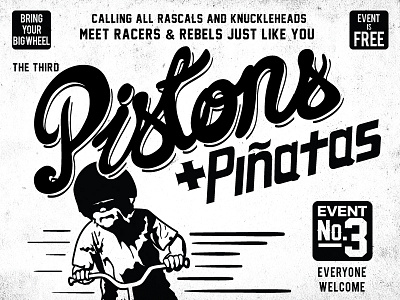 Pistons And Piñatas Poster Detail birthday poster black and white design illustration kians birthday lettering party poster