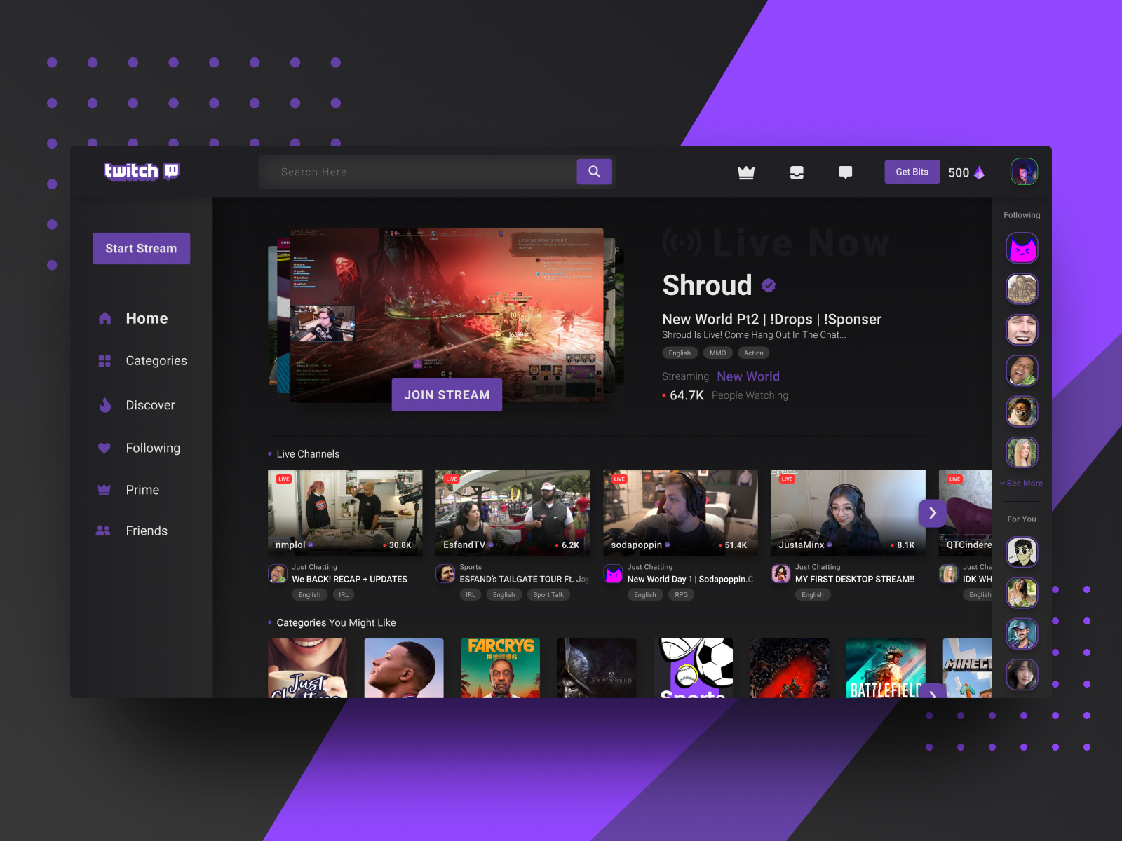 Twitch desktop app Home page by Mohsenn Kianpour on Dribbble