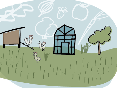 Produce in the sky chicken coop chickens co op greenhouse hand drawn illustration landscape vector