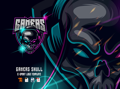 Skull Headset Gaming E-sport Logo Design design esport game gamer gaming graphic design headset illustration logo mascot skull sport vector