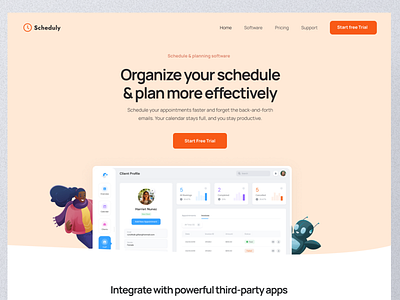 Scheduly Scheduling and planning Landing page app booking calender client dashboard event integration management meeting planner platform saas schedule time ui ux