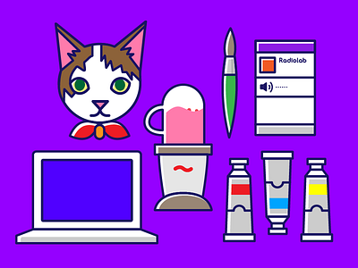 Life of a Cat-Lady Artist bright cat flat icons illustration laptop neon paint painting smoothie ui
