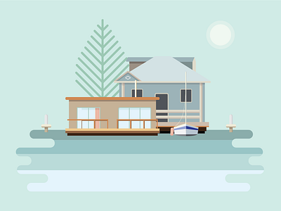 Seattle Boat House #1 dam flat geometric icon illustration material design modern pastel river sea tree water