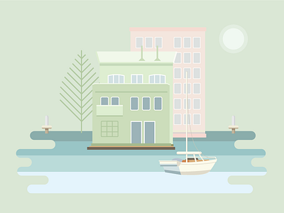 Seattle Boat House #2 dam flat geometric icon illustration material design modern pastel river sea tree water