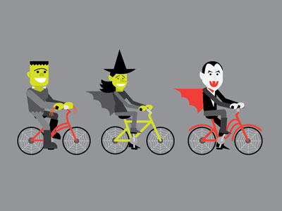 Spooky Riders bicycles bike boots cape dracula frankenstein halloween monsters riders spooky vampire web wheels witch