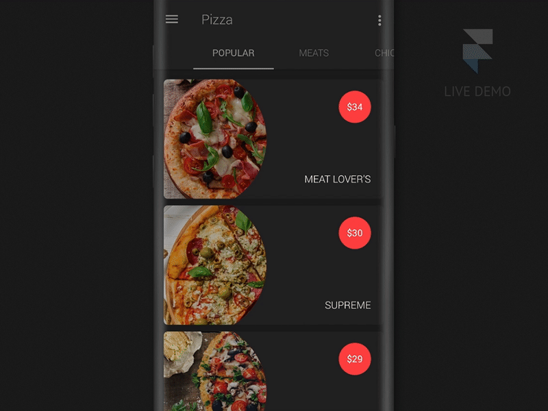 Pizza App Dark android animation app concept dark framer minimal parallax pizza red ui ux