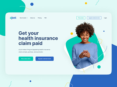 Website for a service that files insurance claims banner blue colorful grapgic design green healthcare landing page website website design