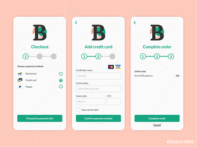 DailyUI 002 Credit Card Checkout appdesign checkout flow credit card checkout daily ui dailyui dailyui 002 dailyuichallenge mobile app design mobile design mobile payment flow mobile ui payment flow payment method uidesign uxui