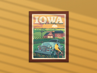 Iowa Sunset (Land of the Rolling Prairie) Poster americana barn design evening farm gold finch illustration iowa poster prairie rural summer sunset truck vector vintage