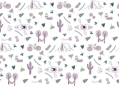 A few of our favorite things - Wedding Pattern 2 bacon bicycle biscuits cactus dog tags hammock honey illustration kayak nature outdoors pattern purple puzzel sand dollars tent vector