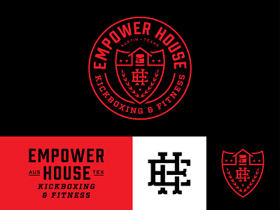 Empower House Logo + Branding austin black crest empower fitness gym house kickboxing logo monogram red stars texas