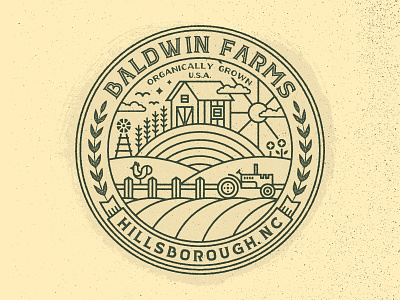 Baldwin Farms banner barn farm linework logo north carolina organic rooster sun tractor