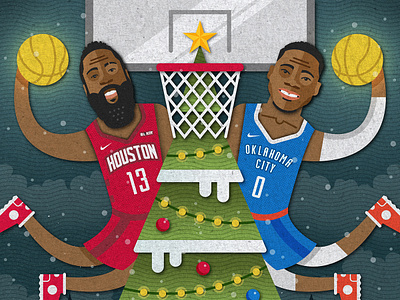 2018 Christmas Day Matchup Illustration basketball christmas houston illustration oklahoma city presents rockets snow thunder