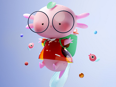 Zeti - 3D 3d axolotl blender character character design fish graphic design lightblue rose sea