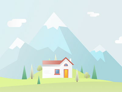 Illustration Concept gradient house illustration landscape light mountains pastel trees